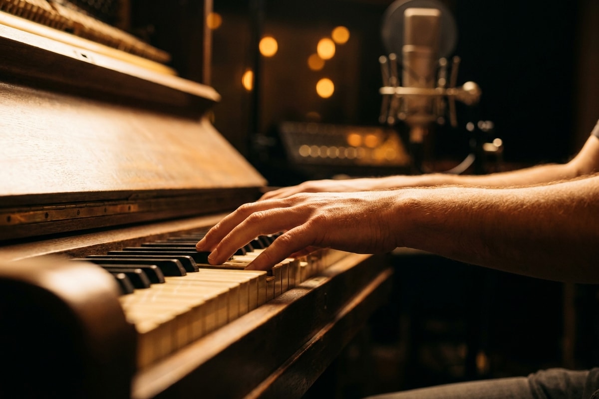 Hands at a grand piano keyboard in warm studio light, a microphone softly out of focus behind them.