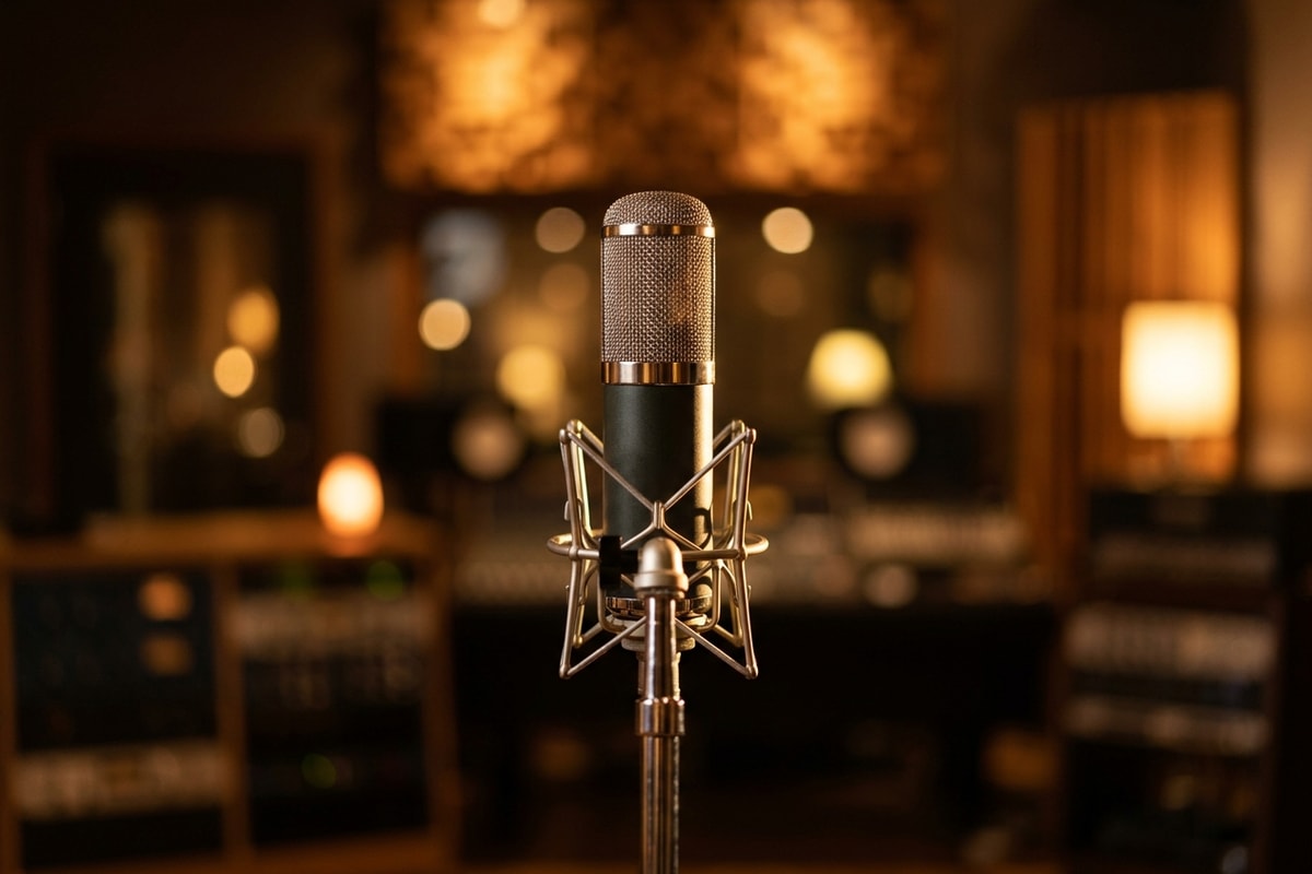 A vintage studio microphone in warm light