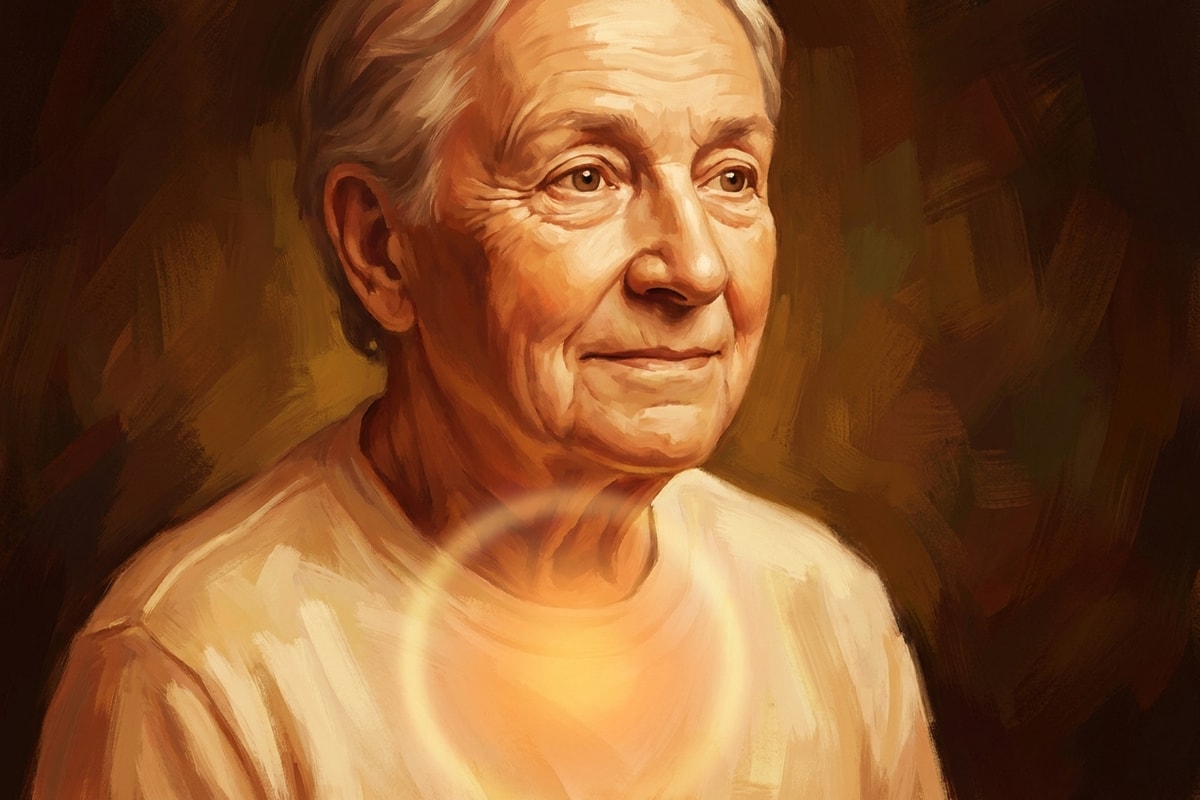 Painterly portrait of an older woman with a warm glow at the throat