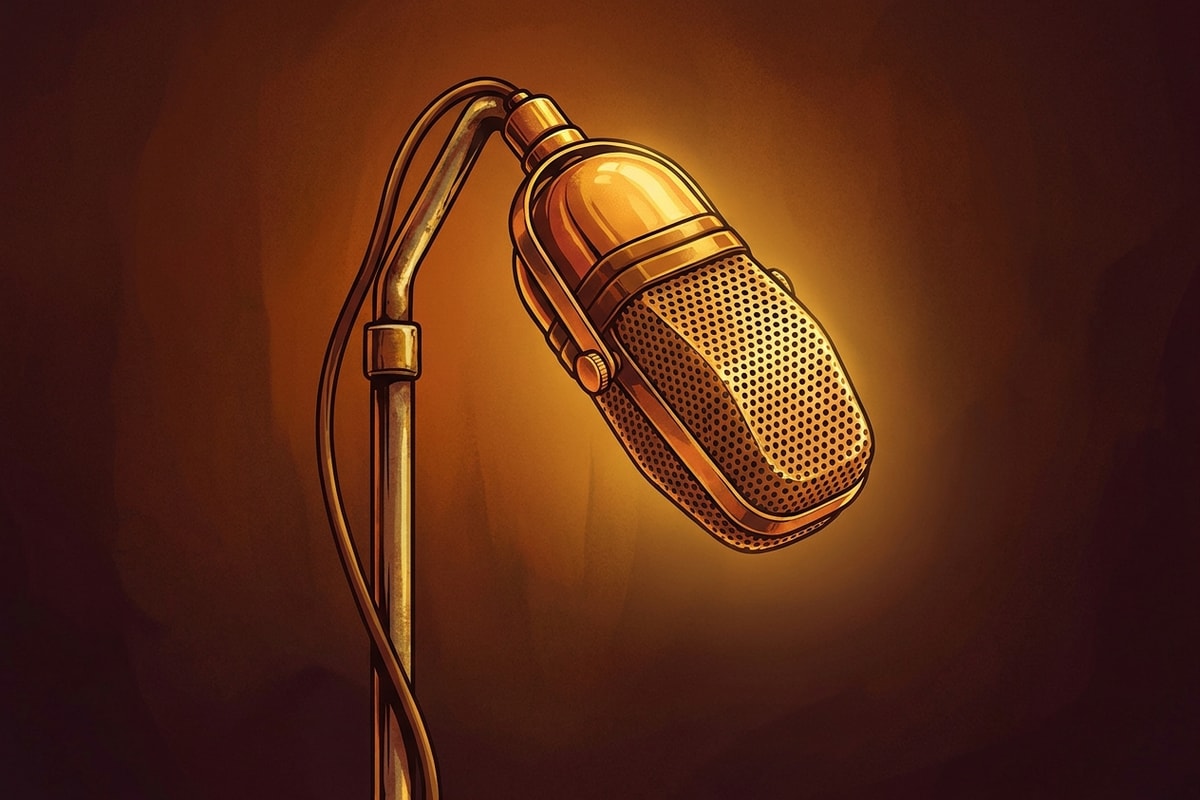 A vintage gold ribbon microphone drooping on its neck