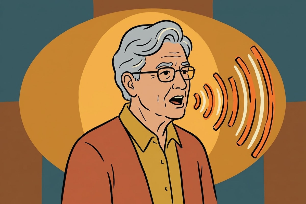 Bold flat color retro poster of an older man speaking with stylized sound waves