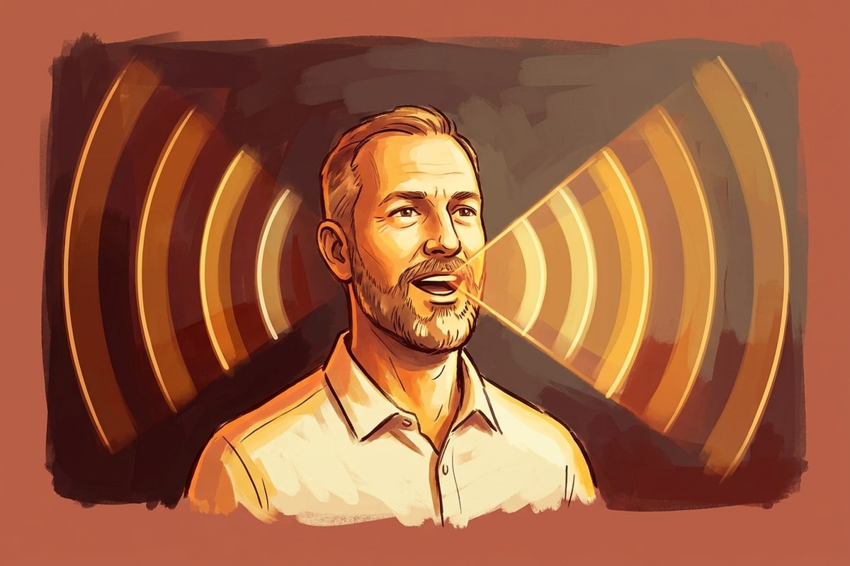 Editorial illustration of a confident coach mid speech with strong sound wave arcs