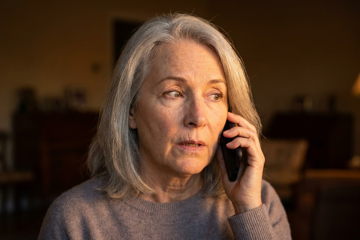 Older woman on the phone with a flicker of surprise, warm amber light