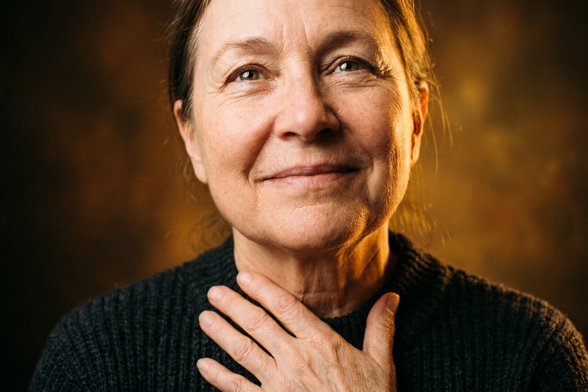 Older woman with a calm hand at her throat, serene warm expression