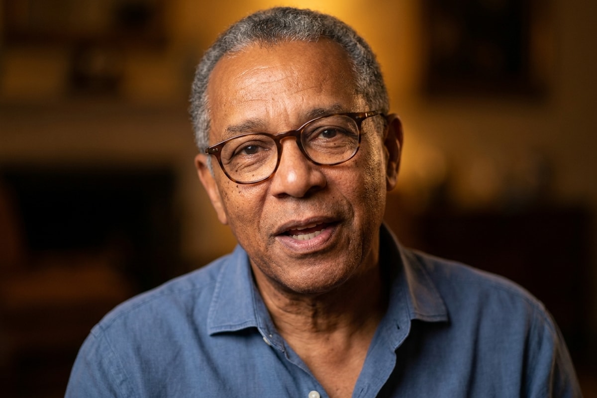 Distinguished older man mid confident speech, direct gaze