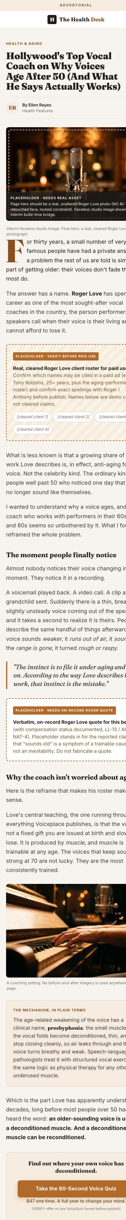 Mobile preview of the Arm B authority advertorial, headlined Hollywood's Top Vocal Coach on Why Voices Age