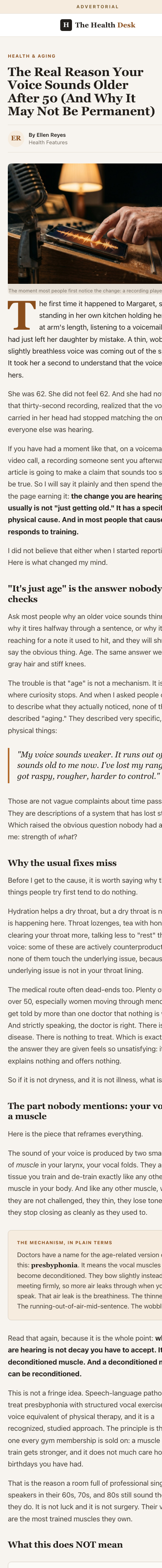 Mobile preview of the Arm A science advertorial, headlined The Real Reason Your Voice Sounds Older After 50