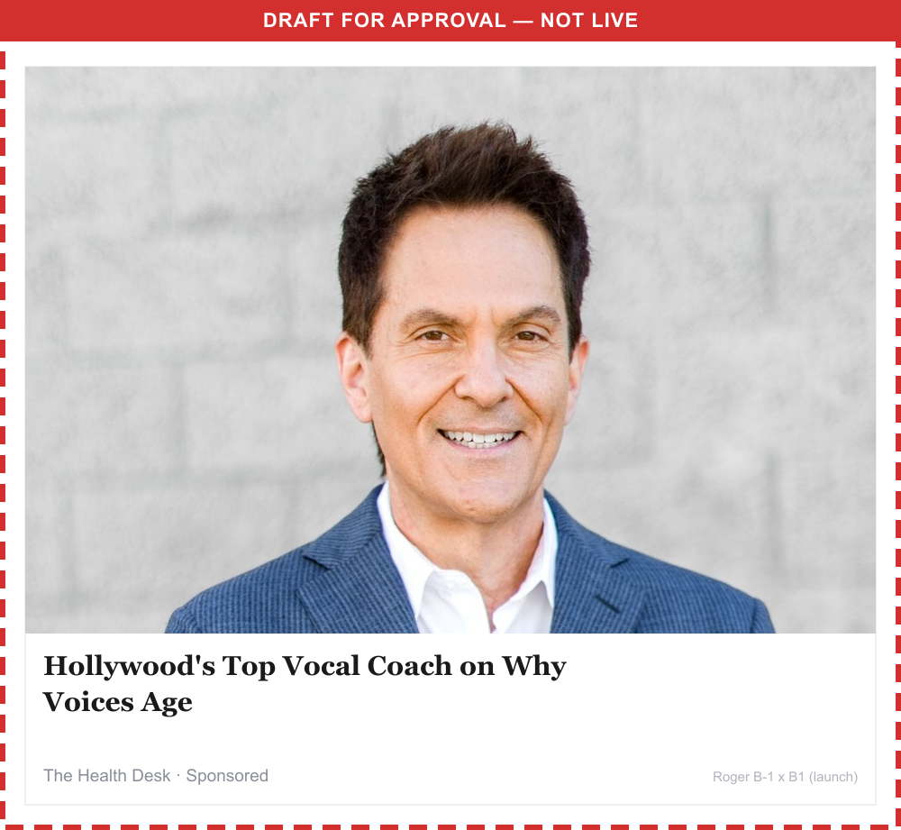 Draft Outbrain card, Roger photo with headline Hollywood's Top Vocal Coach on Why Voices Age